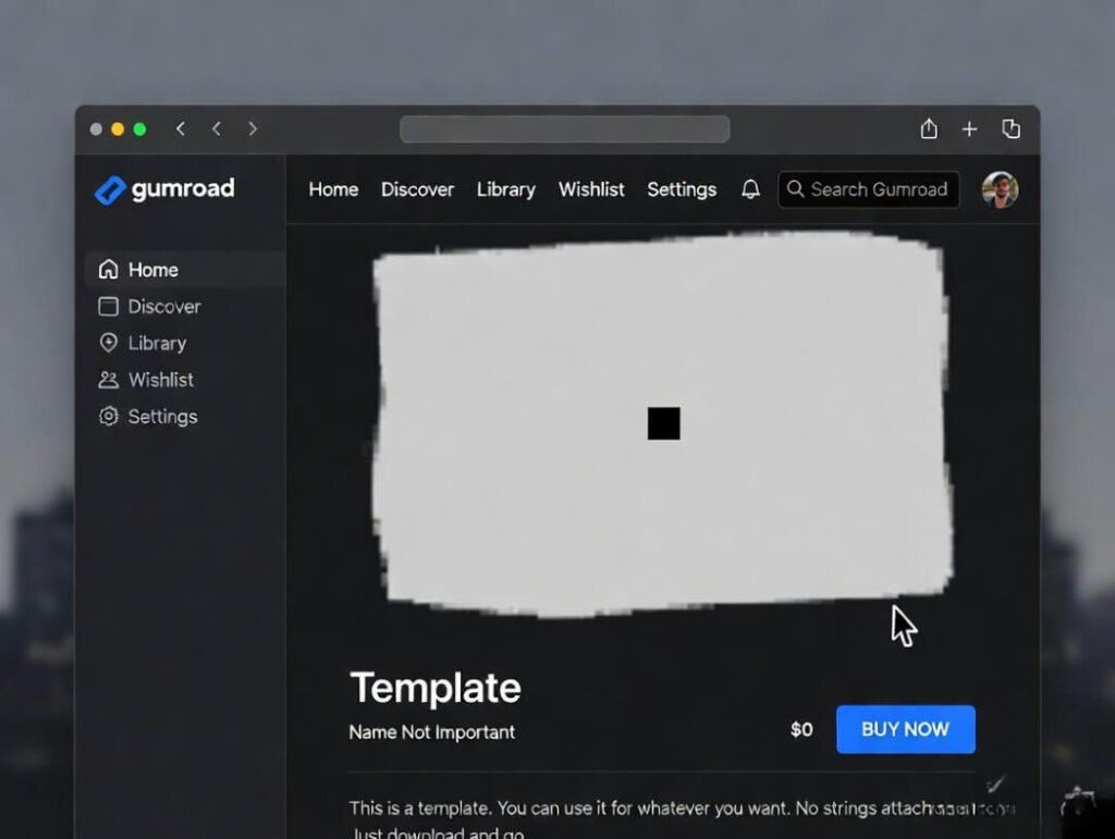Cropped screenshot of $0 Gumroad template listing with visible cursor arrow, raw 2025 creator aesthetic.