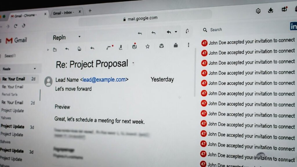 Cropped Gmail with one exciting reply from a lead and endless LinkedIn red dots.