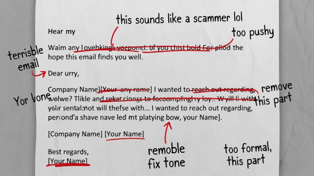Cringy cold email draft screenshot: red lines crossing out bad parts, notes saying "too pushy" and "fix tone".