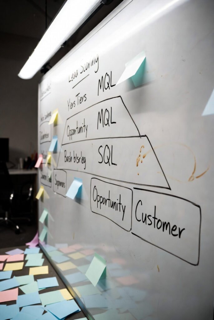 Close-up of messy home office whiteboard: hand-drawn lead scoring tiers, peeling sticky notes, chaotic arrows, coffee stains under harsh overhead light.
