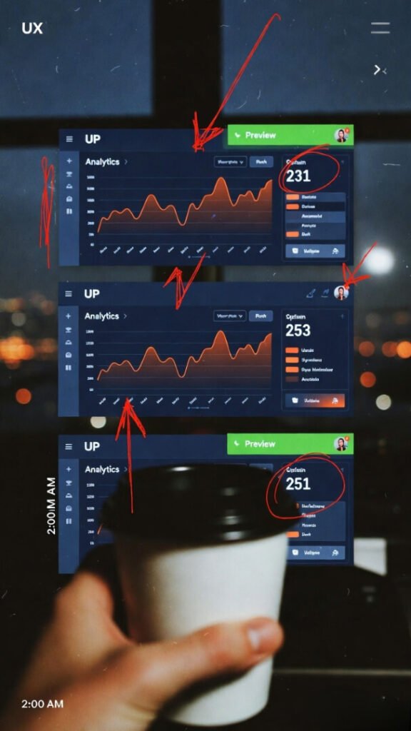 Underexposed 2 a.m. phone screenshots of analytics dashboards with messy red arrows and circles drawn in Preview, hand holding coffee pointing at screen, city lights reflecting in dark window — late-night SEO panic mode