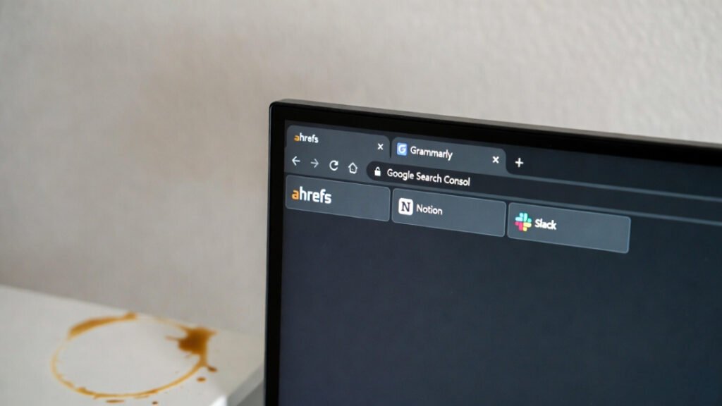 Cluttered monitor tabs plus authentic desk coffee stain