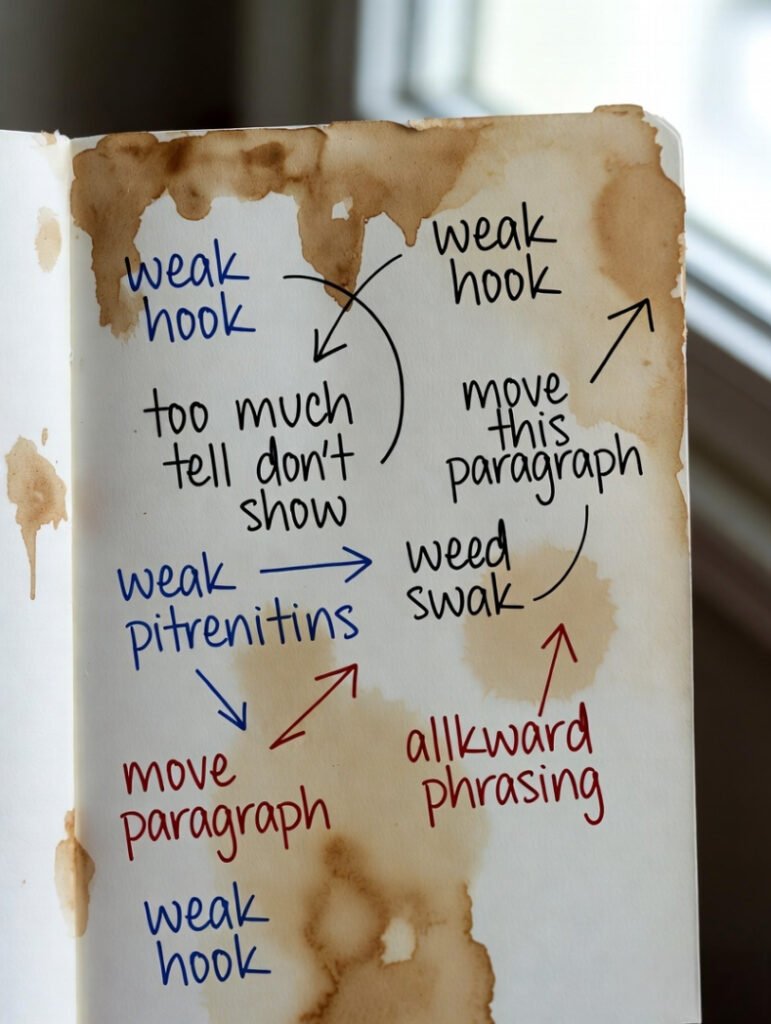 Stained page with multicolored revisions