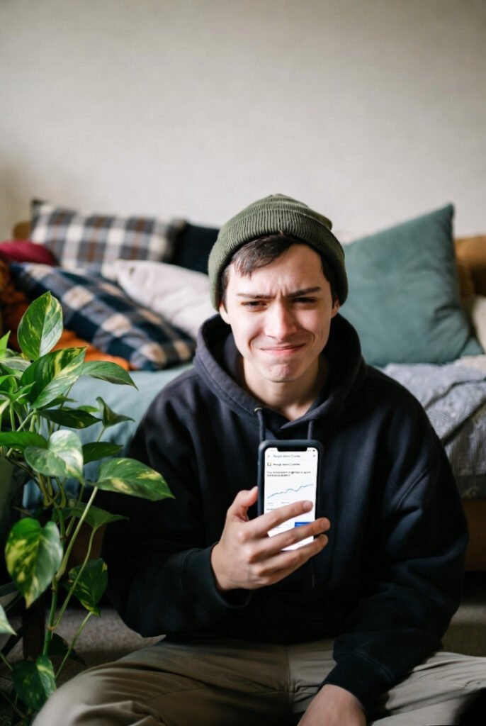 Candid shot of someone in beanie and hoodie on floor, proudly-yet-awkwardly viewing Search Console traffic increase.