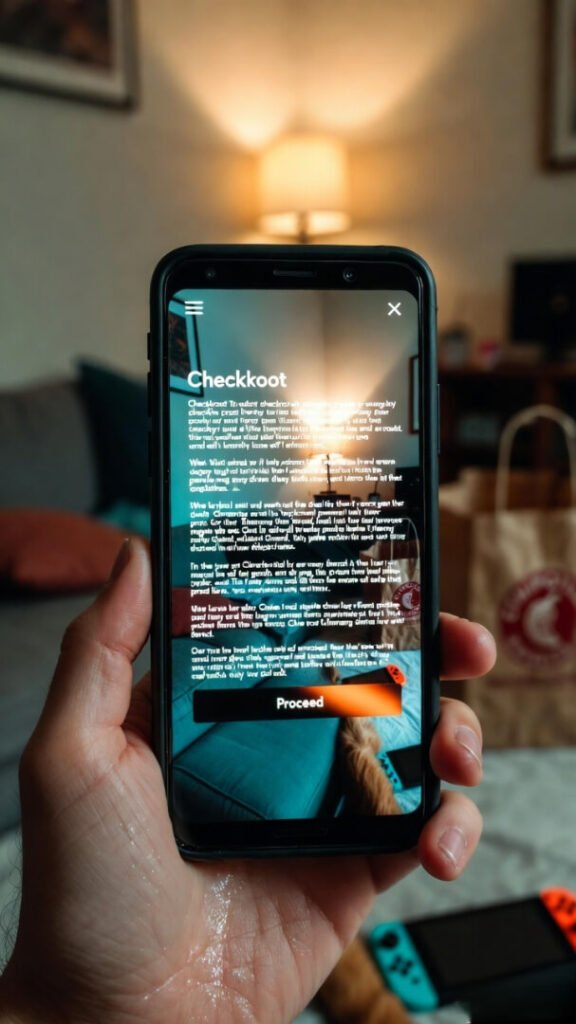 Frustrated hand holding phone: messy mobile checkout with tiny text, cutoff "Proceed" button, error accents; blurred couch, Chipotle bag, Switch controller, dog's tail in background.