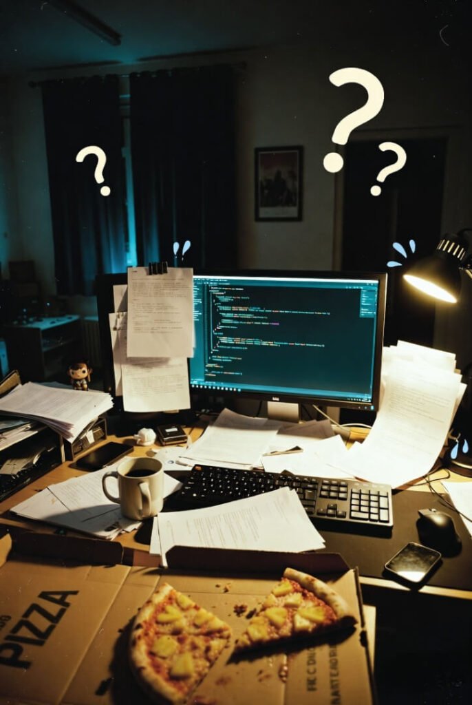 Chaotic late-night desk: half-eaten pineapple pizza in open box, scattered urgent papers, glowing laptop, floating question marks, and sweat drops of exhaustion.
