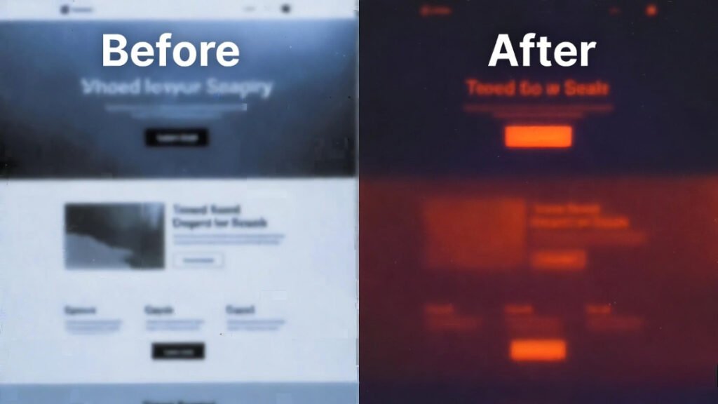 Before (blurry blue mess) / After (warm tones, red-hot clickable CTA cluster).