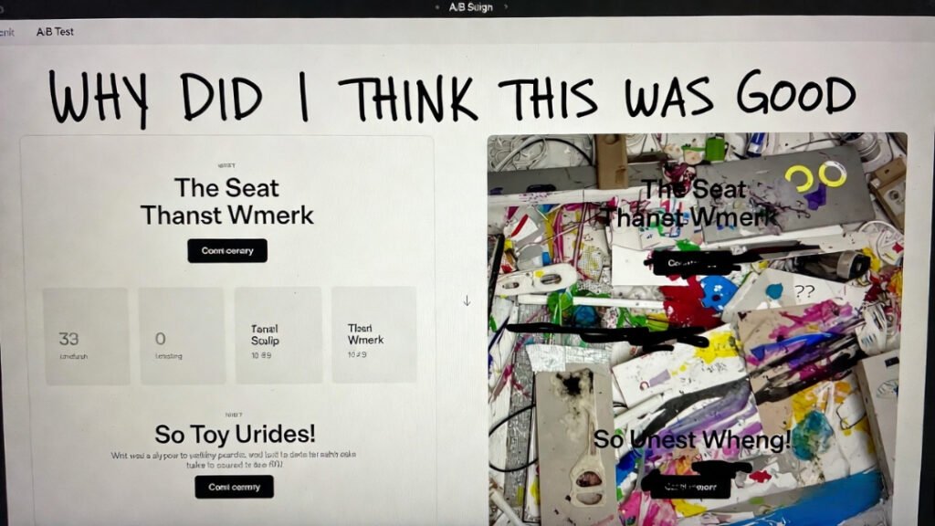 A/B disaster screenshot: polished control left, garish chaotic variant right, “WHY DID I THINK THIS WAS GOOD” Sharpied across.
