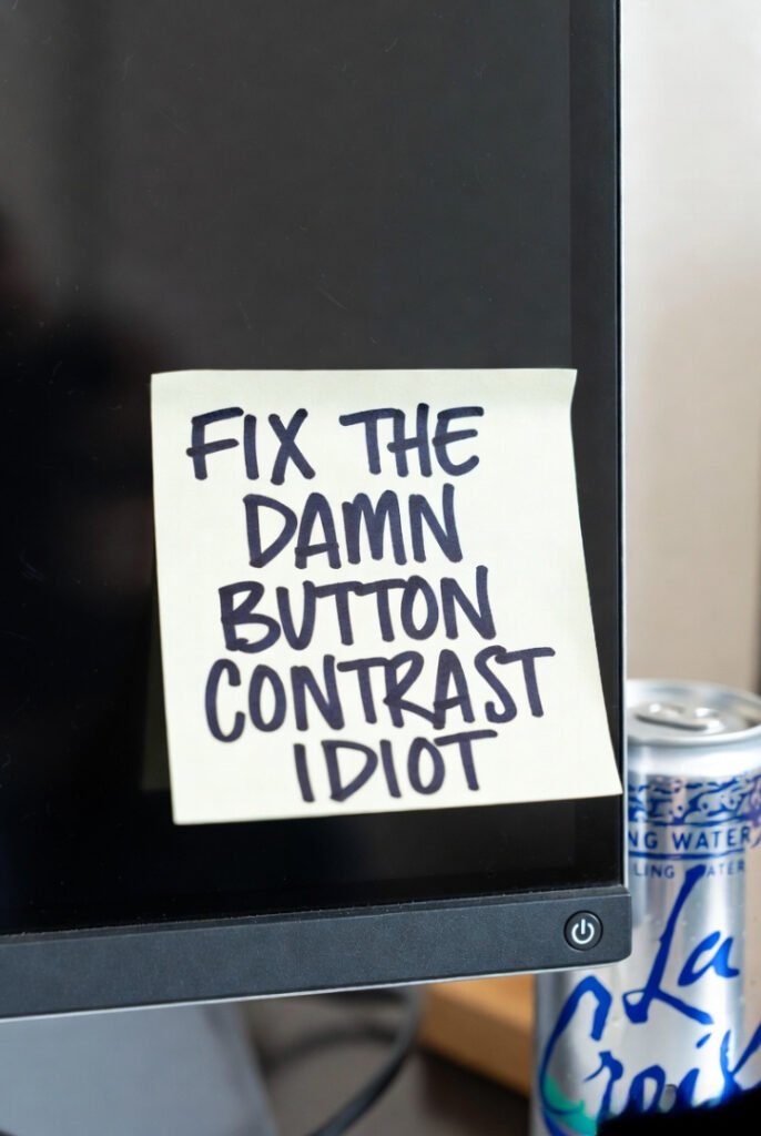 Sharpie-scrawled note to self about button contrast fail