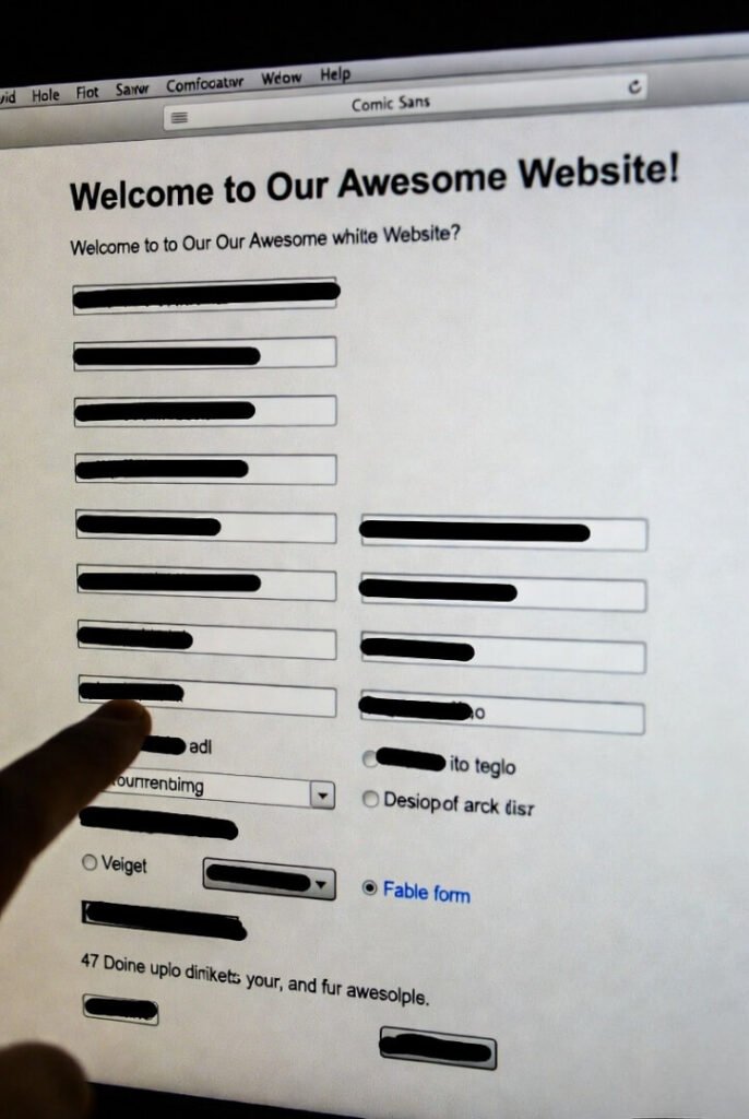 Grainy zoomed-in screenshot of an embarrassing early landing page: 47 form fields in Comic Sans, heavily redacted, pure conversion shame.