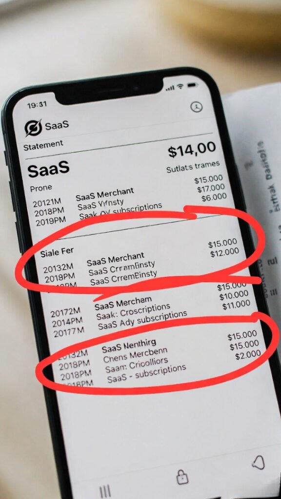Close-up of phone screen showing credit card bill; three SaaS transactions circled in red marker.