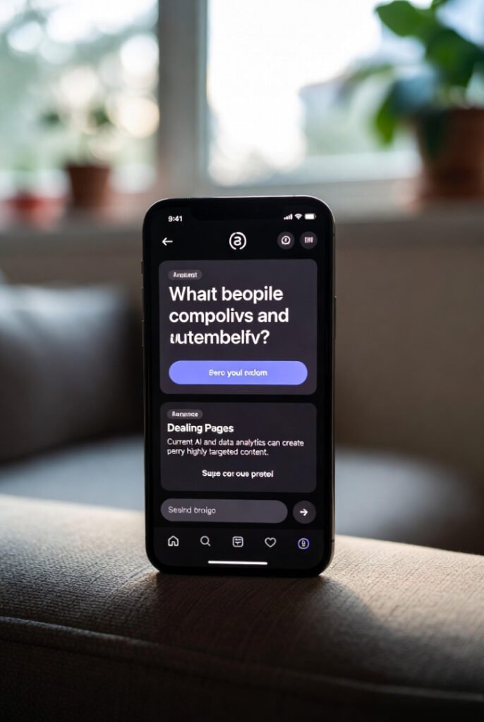 Creepy-good AI ad personalization: eerily accurate targeted promo pops up on phone in cozy afternoon couch light.