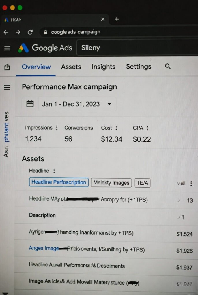 Grainy screenshot of Google Ads Performance Max campaign overview; window too small, half the text and metrics cut off on the right.