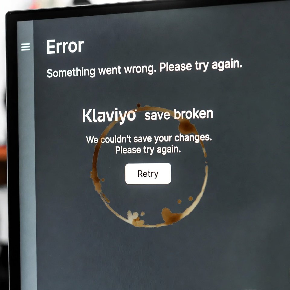 Tight close-up of a monitor showing a red Klaviyo error popup, with a coffee ring stain perfectly centered over the broken "save" button.