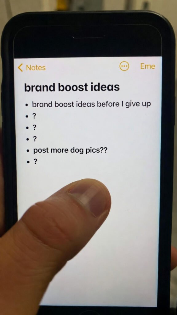 Fast screenshot of Notes: "brand boost ideas before I give up" with half the bullets as ? and "post more dog pics??"