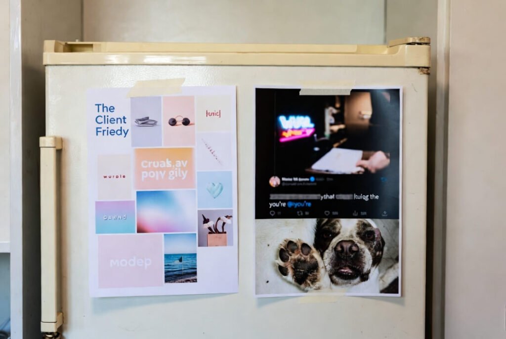 Two taped phone prints on fridge — clean pastel mood board vs. raw chaos: dive bar neon, dog paws, typo tweet.
