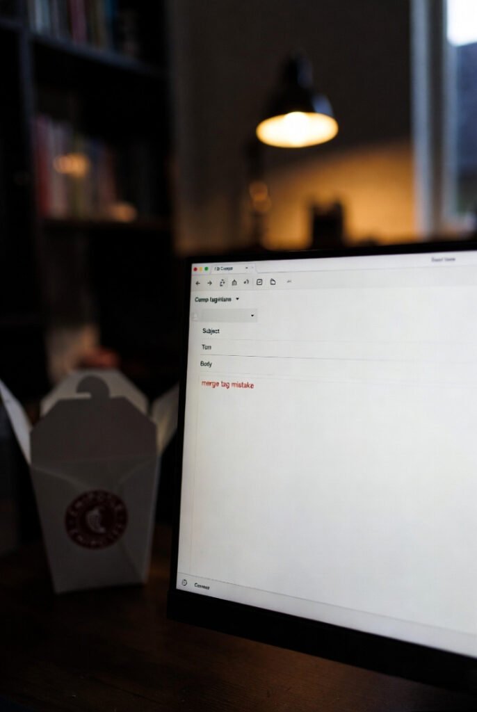 Close-up email compose window shows visible merge tag error, out-of-focus Chipotle takeout container in moody desk lamp light.