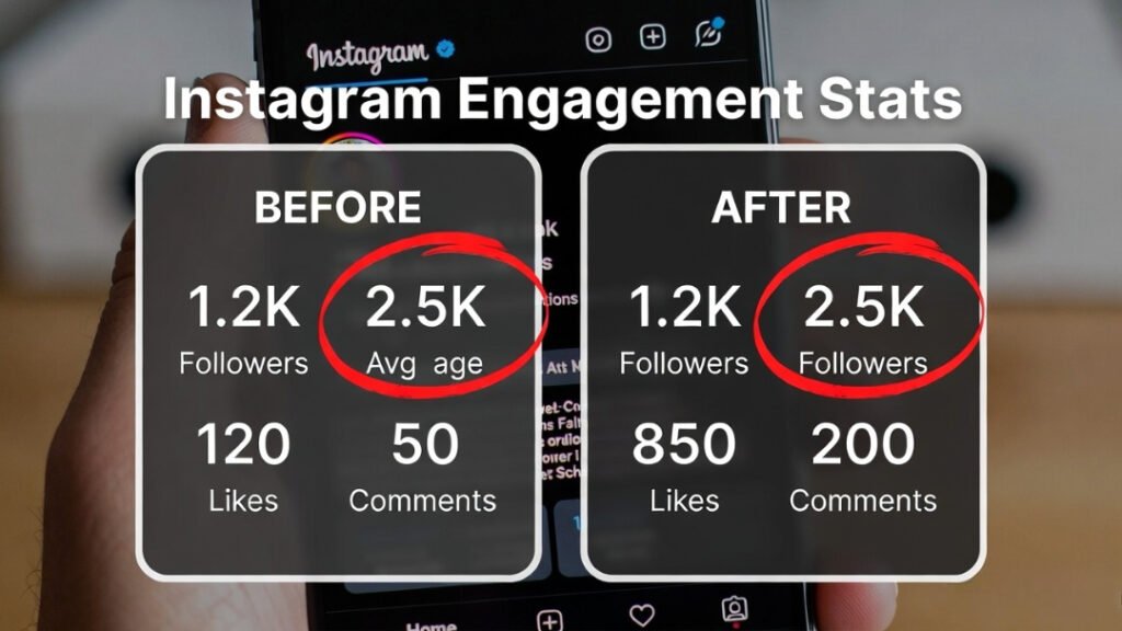 Casual phone screenshot showing Instagram side project growth: followers and likes jump circled in red, with fingerprints.