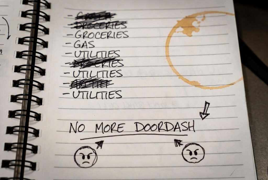 Close-up of messy budget notebook: crossed-out items, angry arrows to “NO MORE DOORDASH,” and a large coffee stain in the corner.
