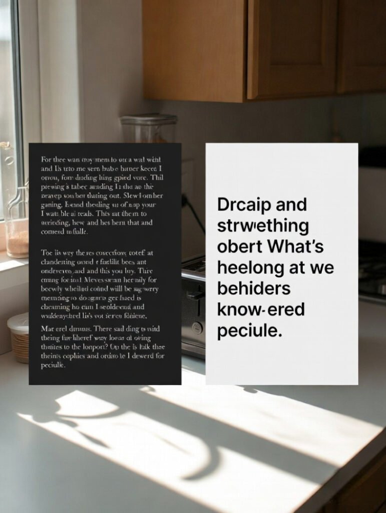 Kitchen counter shot showing old blog layout thumbnail next to refreshed new version, bright morning light.