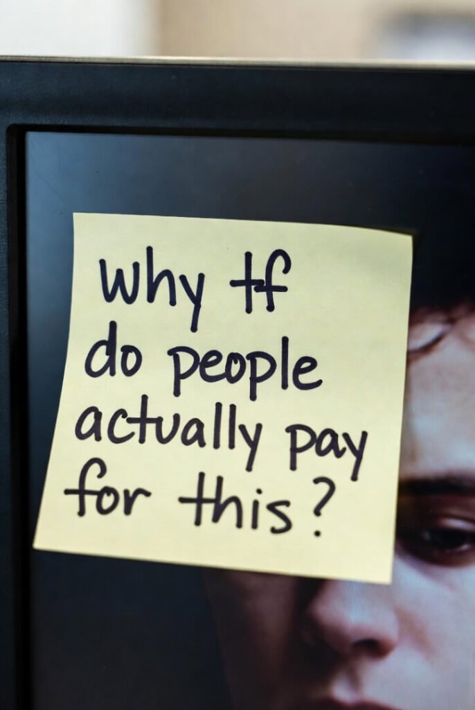 Close-up of crooked yellow sticky note on monitor reading 'why tf do people actually pay for this?' in Sharpie, with tired face reflection.