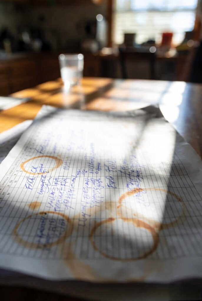 Printed Excel sheet covered in angry handwritten notes and coffee rings, lit by harsh afternoon sunlight through blinds.