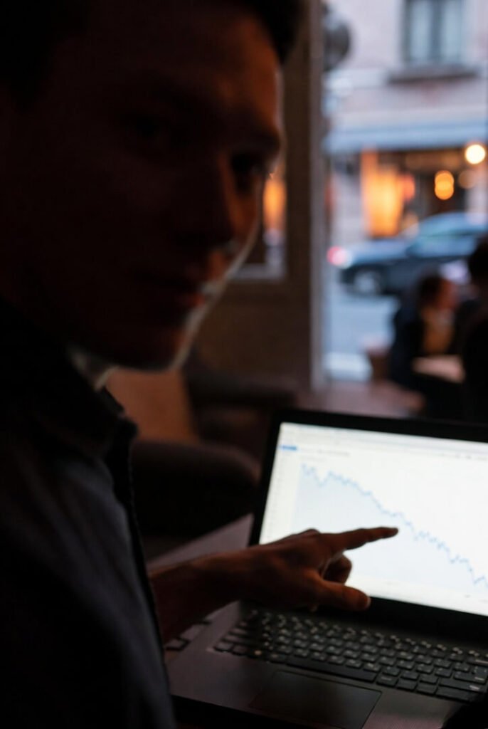 Close-up hand pointing to declining CPA line chart on laptop, evening street glow through window.