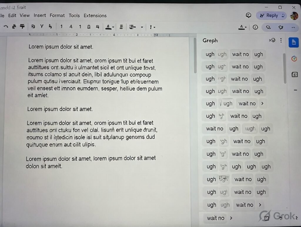 Draft text buried under barrage of "ugh wait no" notes