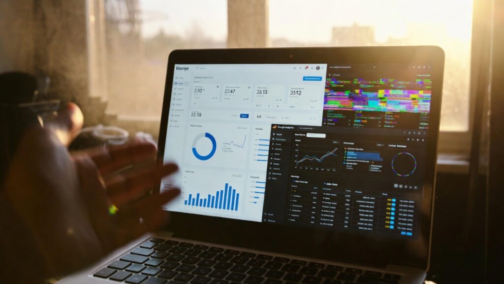 Close-up laptop screen with Klaviyo, Google Analytics, and glitchy MarTech dashboards open, blurry hand poised to rage-quit during golden hour through dusty Midwest window.