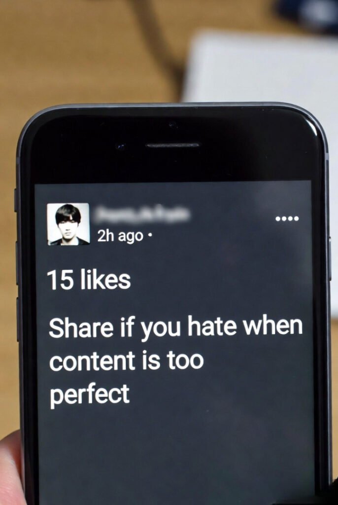 Low-engagement post screenshot: 15 likes, blurry nostalgic caption "Share if you hate when content is too perfect."